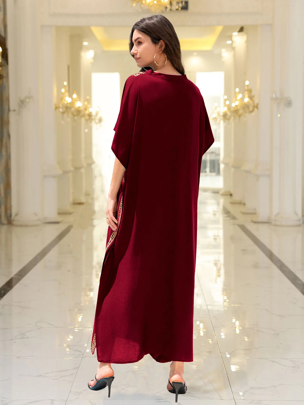 Boho Embroidered Batwing Sleeve Beach Cover-Up Dress – Loose A-Line V-Neck Summer Dress