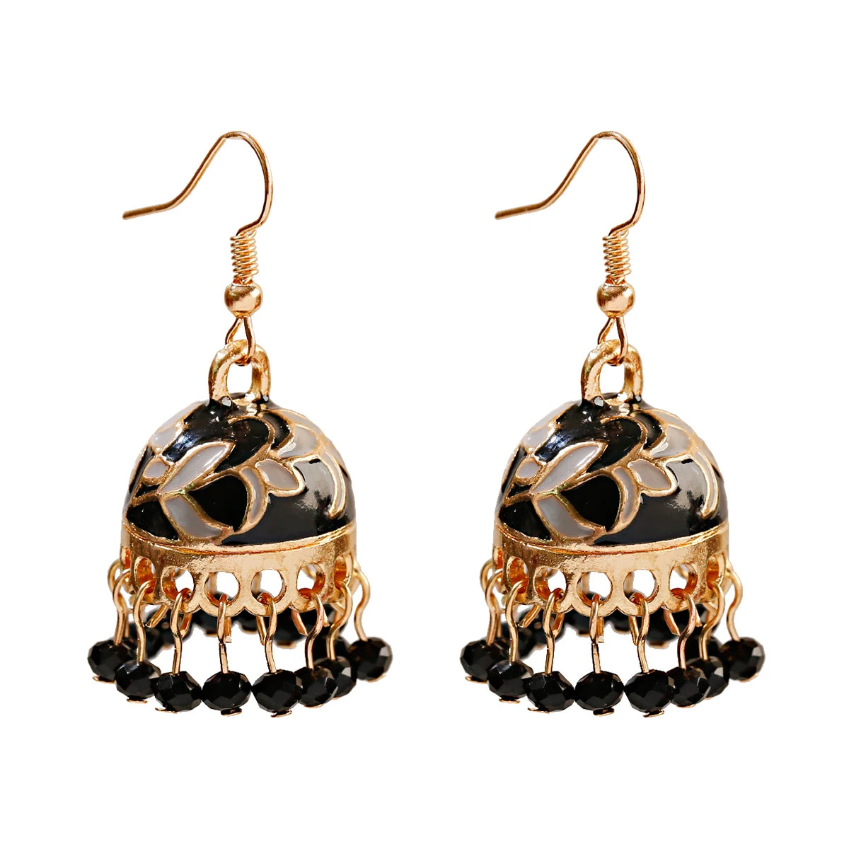 Boho Ethnic Flower Enamel & Bell Tassel Drop Earrings – Vintage Gold Crystal Bead