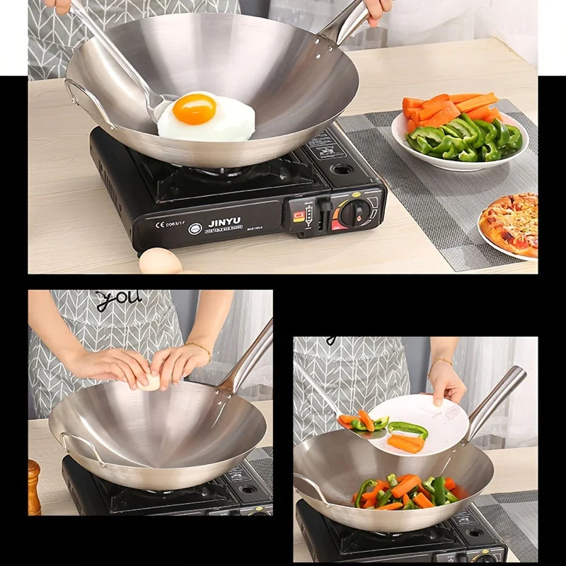Stainless Steel Dual Handle Wok | Uncoated Thick Chef's Pan with Lid