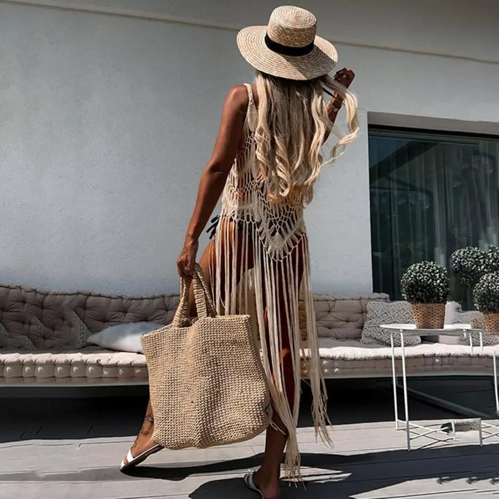 Boho Crochet Tassel Sling Dress – Sexy Hollow Fringe Beach Cover Up