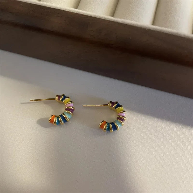 Boho Colorful Enamel Rainbow Hoop Earrings – Gold-Tone Charm Earrings for Women