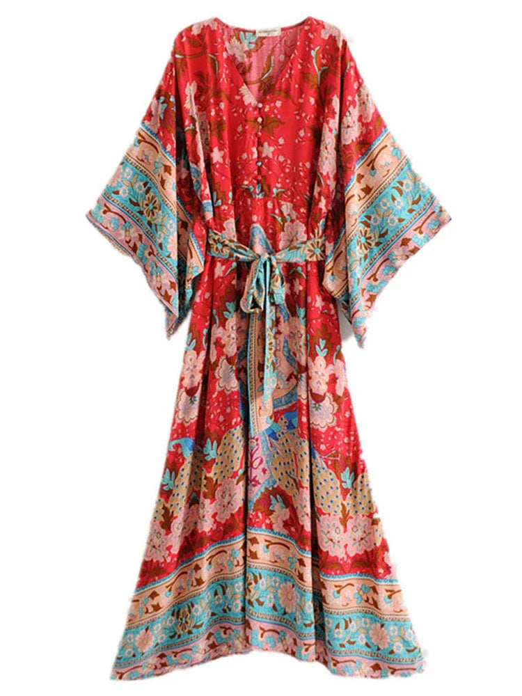 Boho Floral Print Maxi Dress with Batwing Sleeves
