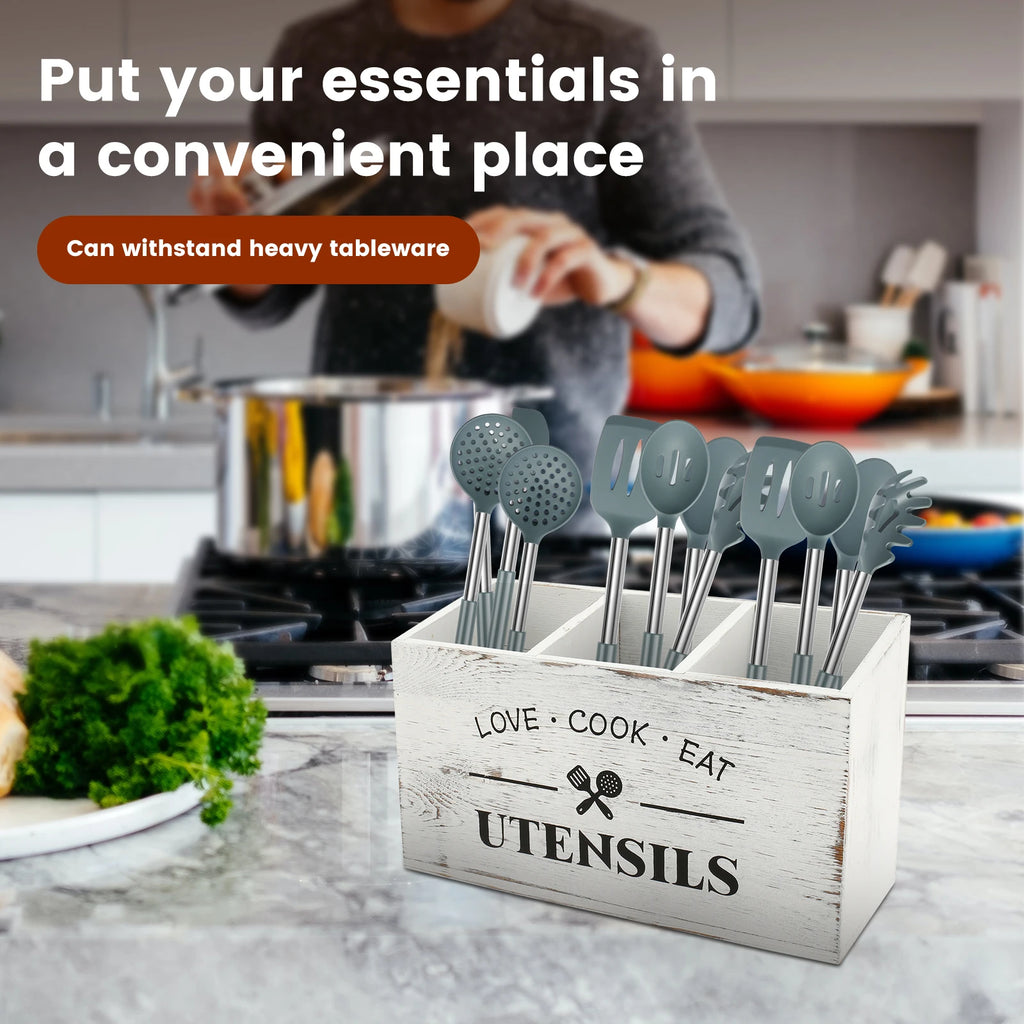Wood Kitchen Utensil Holder | 3-Compartment Farmhouse Caddy Organizer