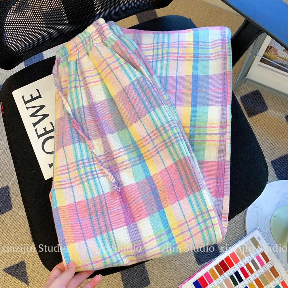Color plaid wide-leg pants women's summer high waist retro Joker design loose pocket straight casual pants.