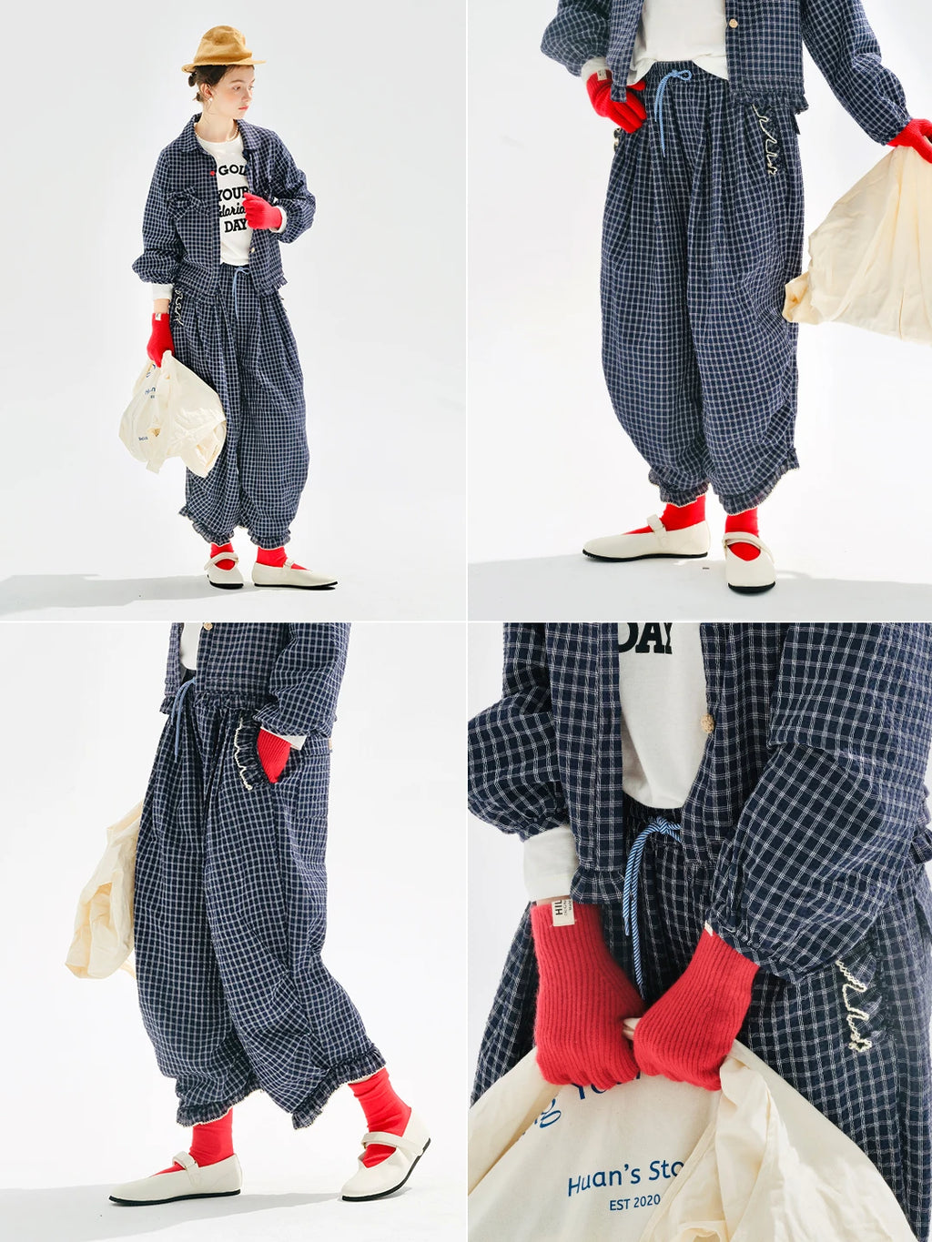 Women's Blue Plaid Wide Leg Pants – Casual Elastic Waist Trousers