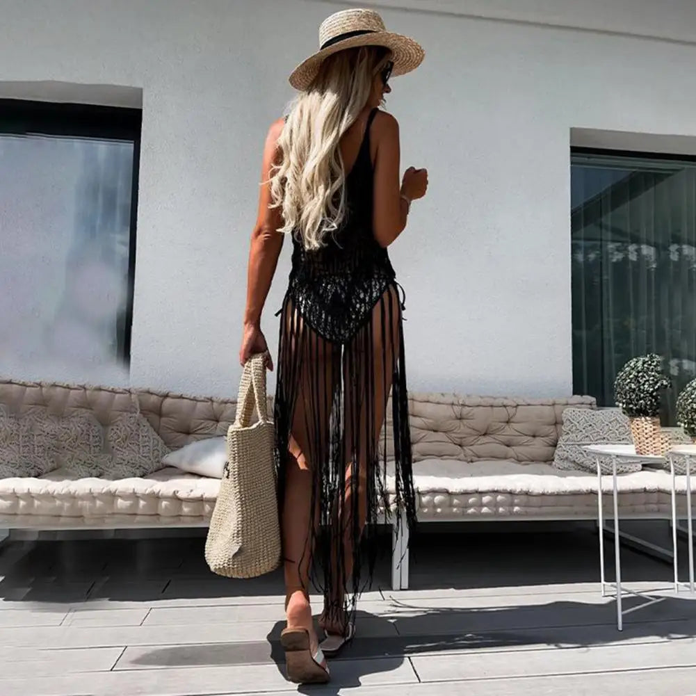 Boho Crochet Tassel Sling Dress – Sexy Hollow Fringe Beach Cover Up