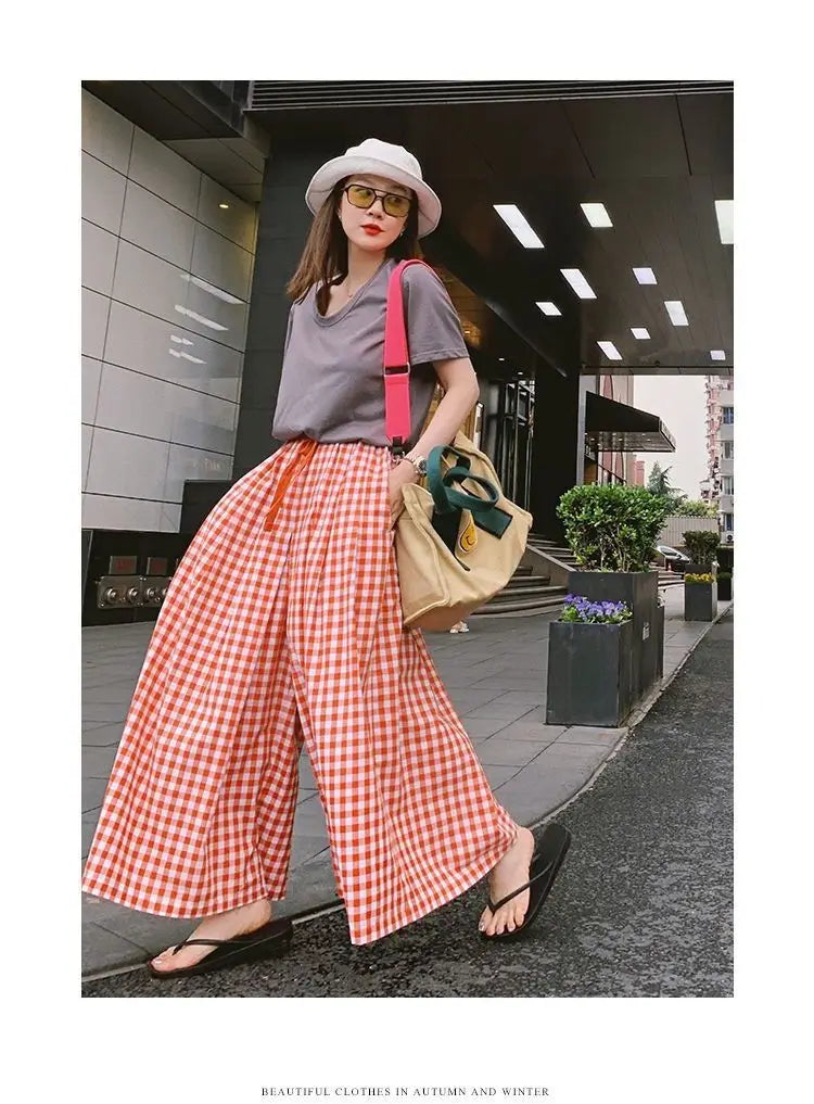 Plaid Wide Leg Pants Women Baggy Korean Style Panelled Temper Trousers Streetwear Pantalones Clothes Summer A-line Teens College