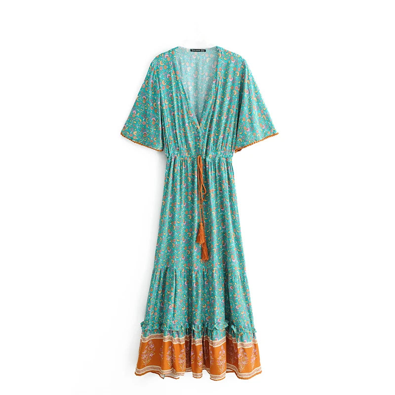 Boho Tassel Maxi Dress | Floral Print V-Neck Batwing Sleeve