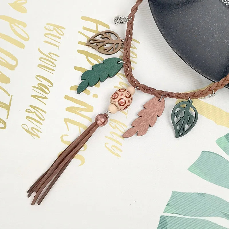 Boho Tassel & Leaf Pendant Choker Necklace – Ethnic Vintage Short Necklace
