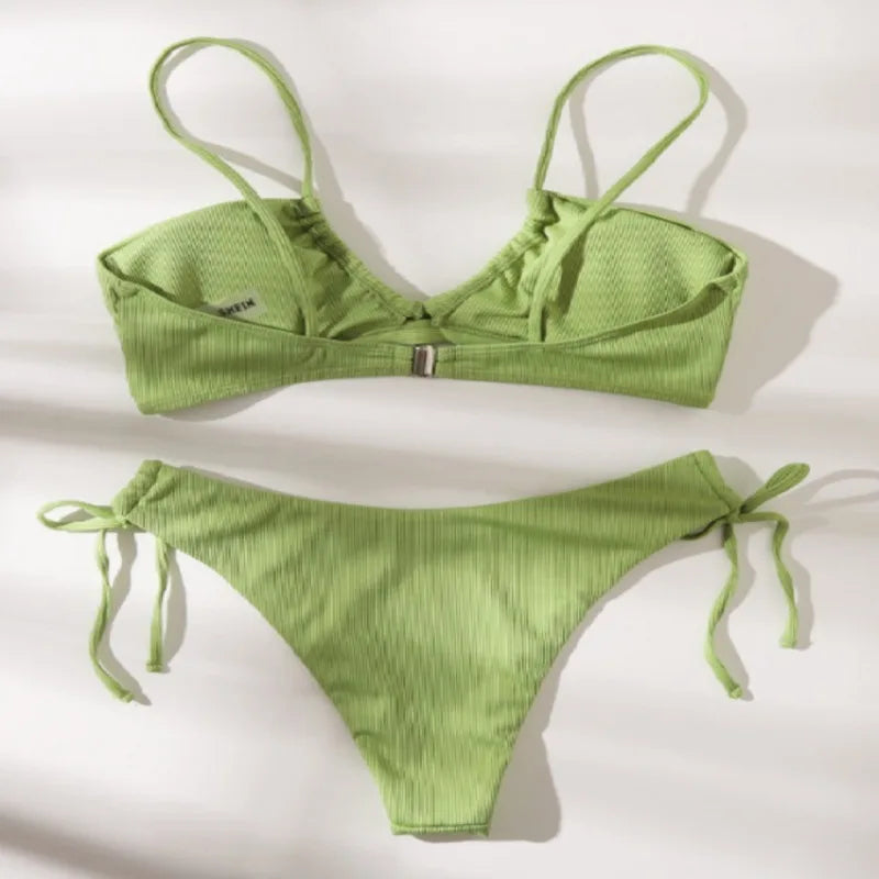 Green & Black Ribbed Bikini Set – Two-Piece Tie Thong Swimsuit