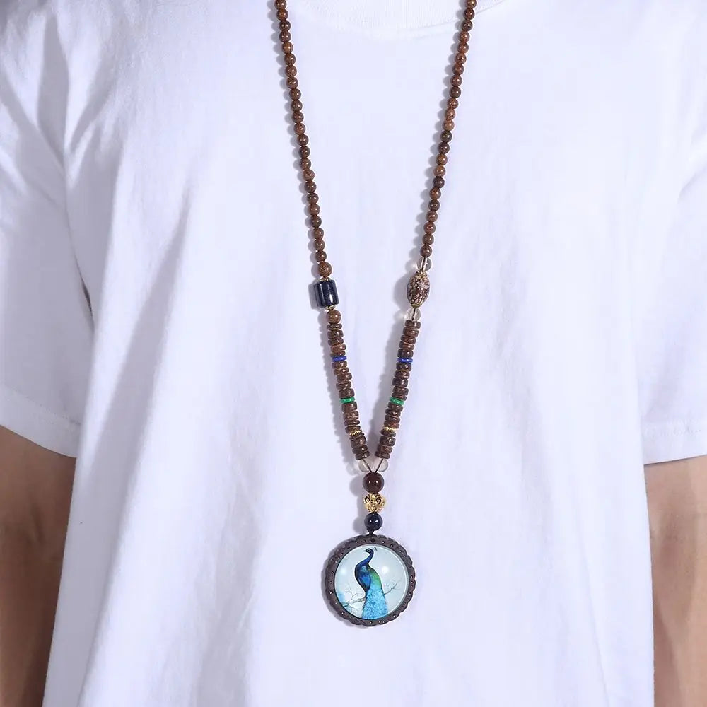 Boho Handmade Nepal Buddhist Mala Wood Bead Long Pendant Necklace – Unisex Ethnic Jewelry