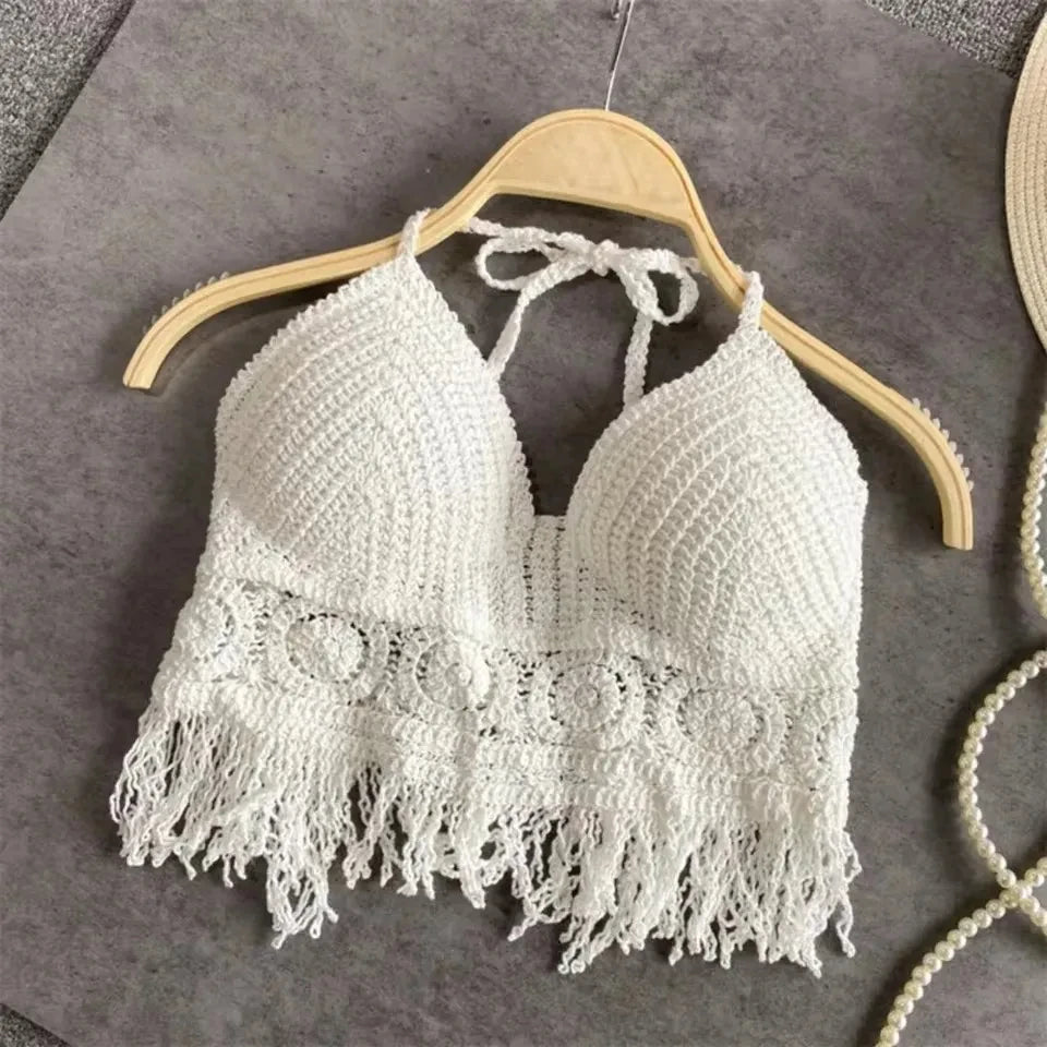 Boho Crochet Halter Bralette Top | Knit Crop Top with Tassel Fringe
