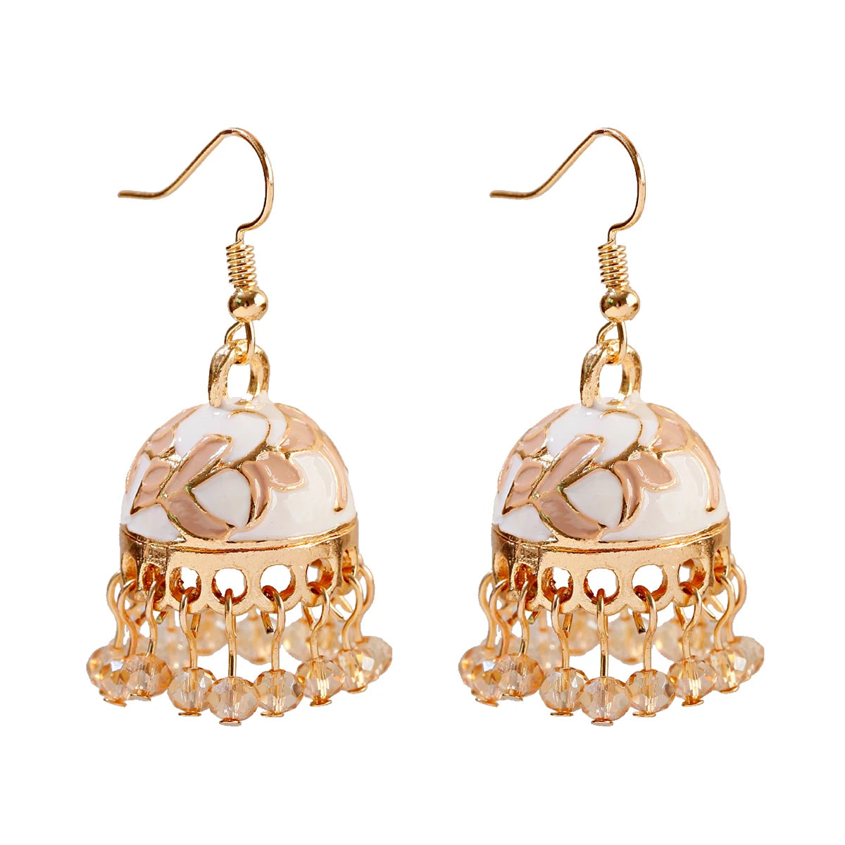 Boho Ethnic Flower Enamel & Bell Tassel Drop Earrings – Vintage Gold Crystal Bead