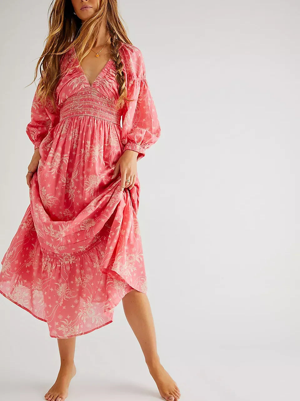 Floral Boho Midi Dress | V-Neck Puff Sleeve Hollow-Out