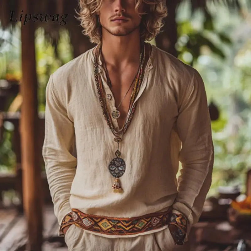 Boho Retro Henley Long Sleeve Shirt | Loose Fit Breathable Beach Top for Men