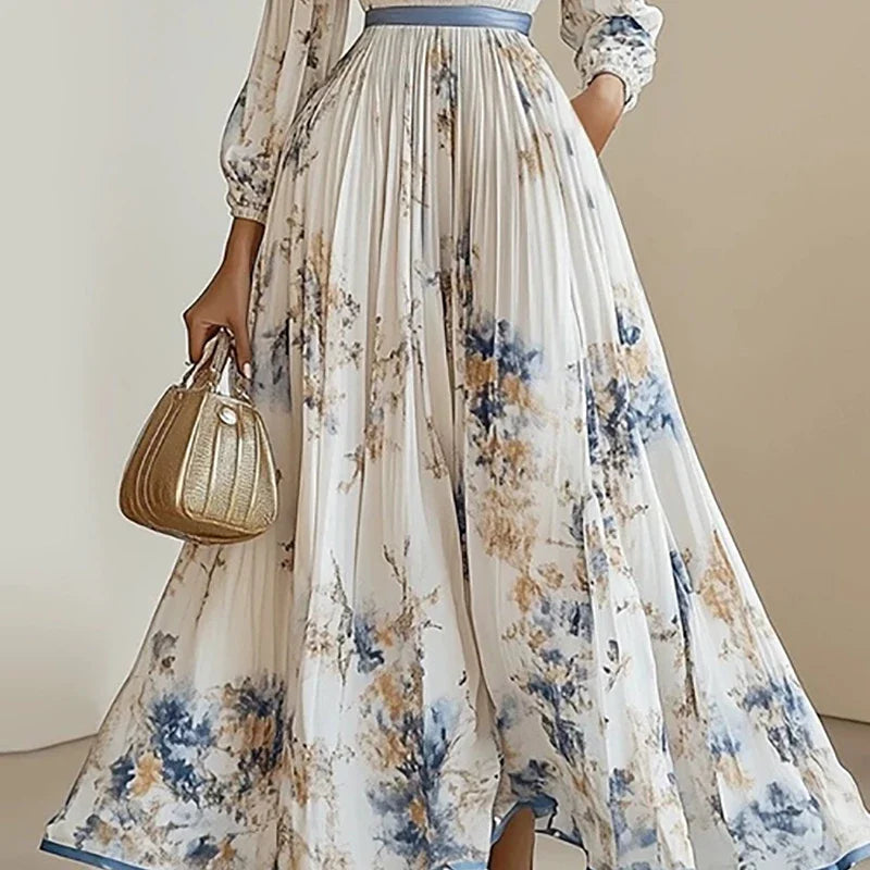 Floral Pleated Boho Maxi Dress | Deep V-Neck Long Sleeve
