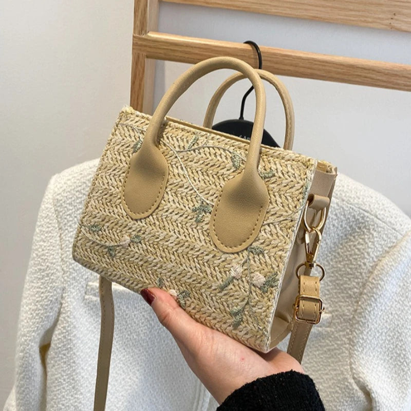 Boho Floral Embroidery Woven Handbag | Convertible Top Handle & Crossbody Bag