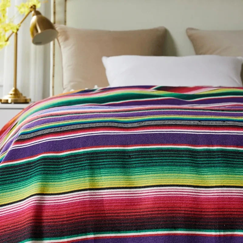 Boho Ethnic Tassel Throw Blanket | Striped Cotton-Blend Beach & Picnic Blanket