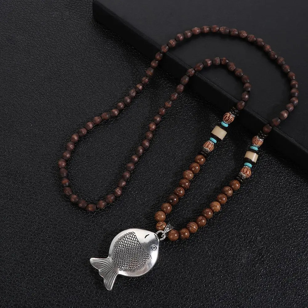 Boho Handmade Nepal Buddhist Mala Wood Bead Long Pendant Necklace – Unisex Ethnic Jewelry