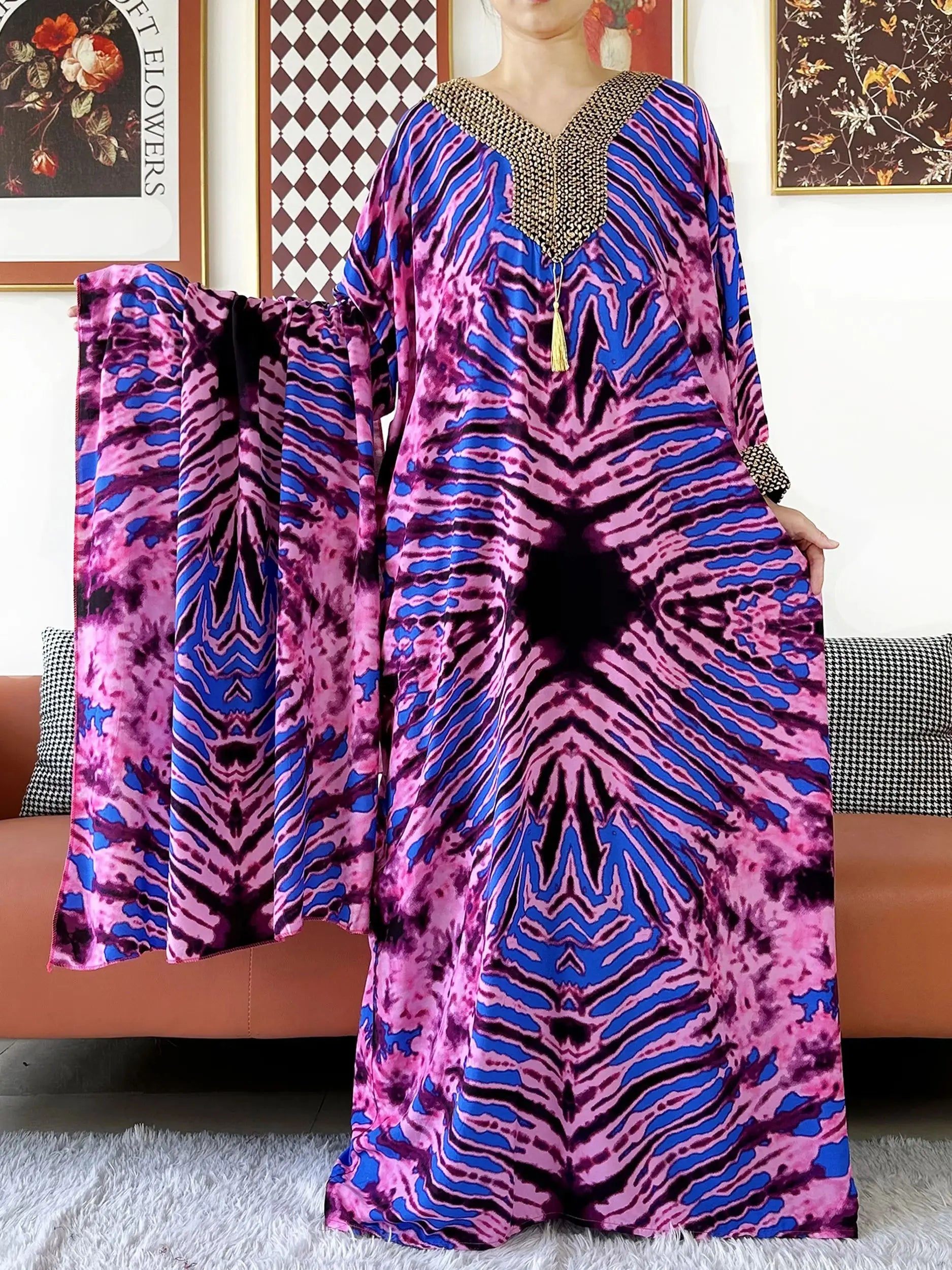Embroidered Cotton Abaya Maxi Dress | Boho Long Sleeve V-Neck