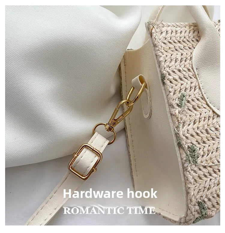 Boho Floral Embroidery Woven Handbag | Convertible Top Handle & Crossbody Bag
