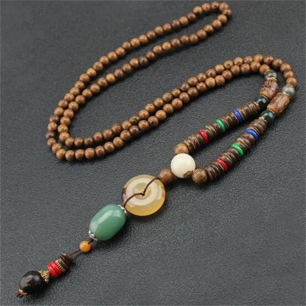 Boho Handmade Nepal Buddhist Mala Wood Bead Long Pendant Necklace – Unisex Ethnic Jewelry
