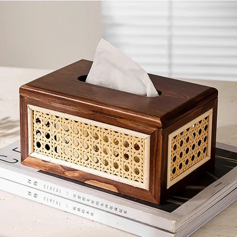 Rattan Tissue Box Living Room Bedroom Desktop Napkin Wet Wipes Container Case Wooden Bathroom Paper Holder Home Decor