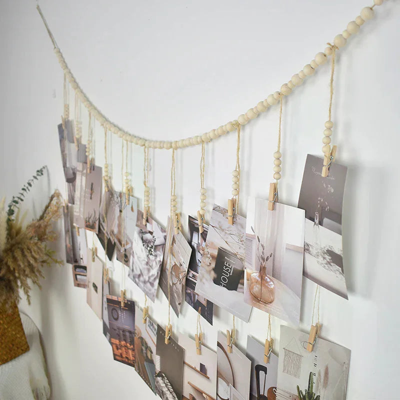Boho Macrame Photo Display Wall Hanging – Wooden Bead Tapestry