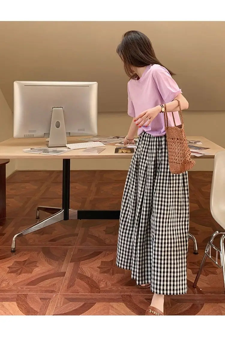 Plaid Wide Leg Pants Women Baggy Korean Style Panelled Temper Trousers Streetwear Pantalones Clothes Summer A-line Teens College