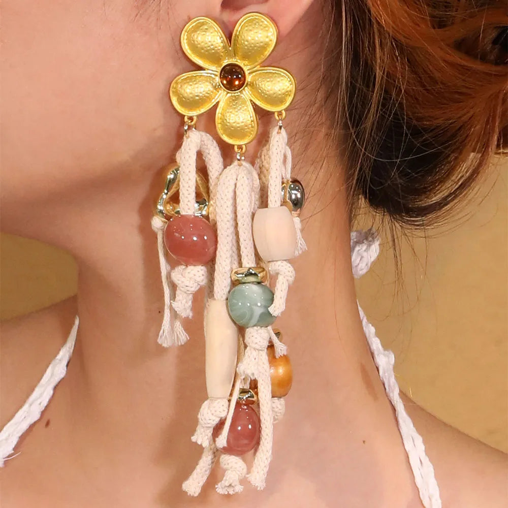 Boho Flower & Rope Dangle Earrings – Handmade Statement Jewelry