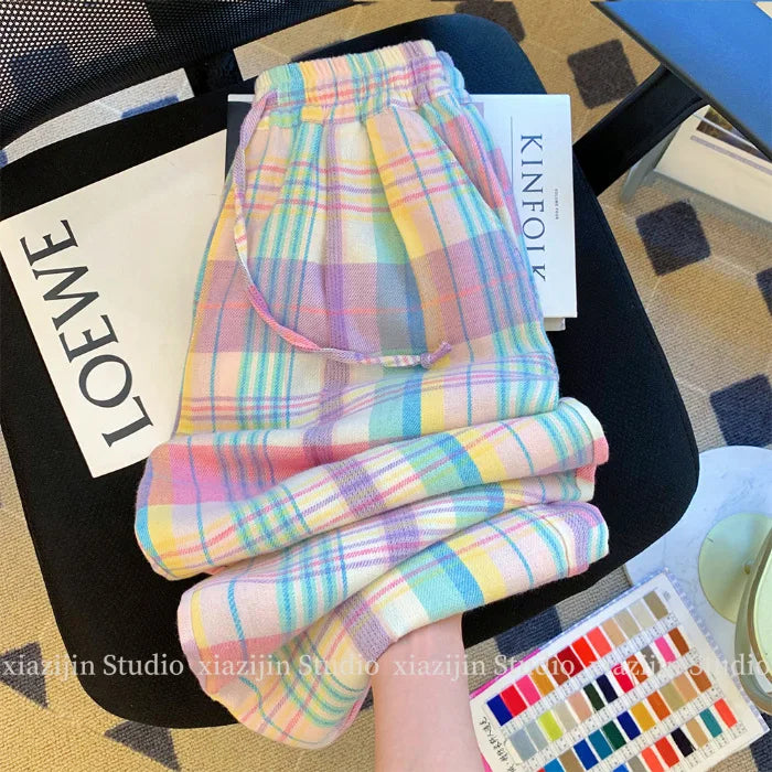 Color plaid wide-leg pants women's summer high waist retro Joker design loose pocket straight casual pants.