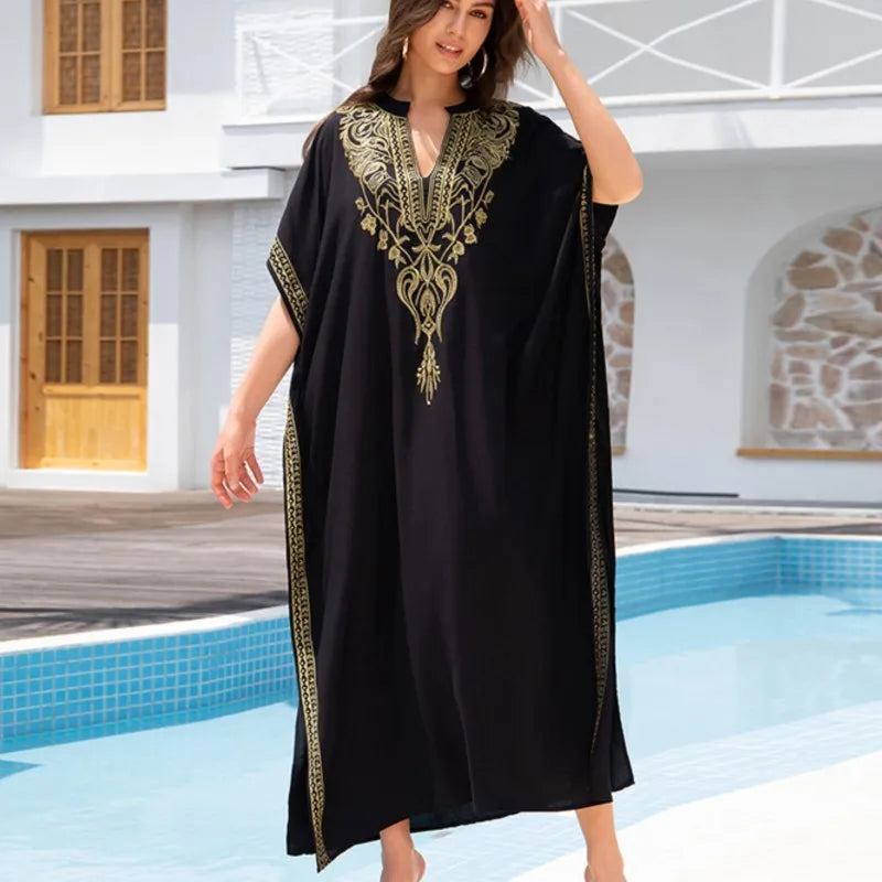 Boho Embroidered Batwing Sleeve Beach Cover-Up Dress – Loose A-Line V-Neck Summer Dress