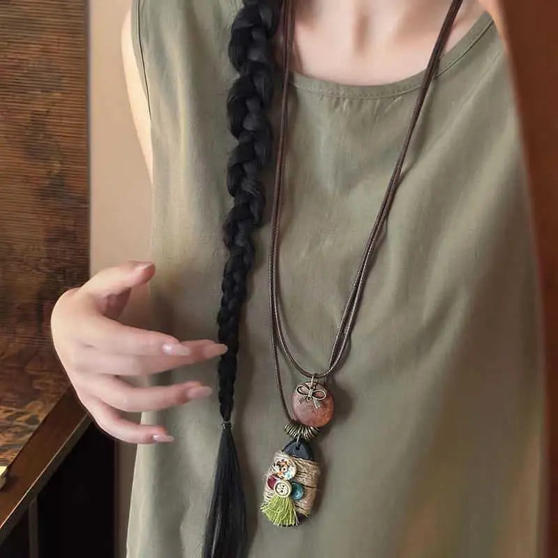 Boho Wooden Beaded Long Pendant Sweater Chain Necklace – Handmade Ethnic Style