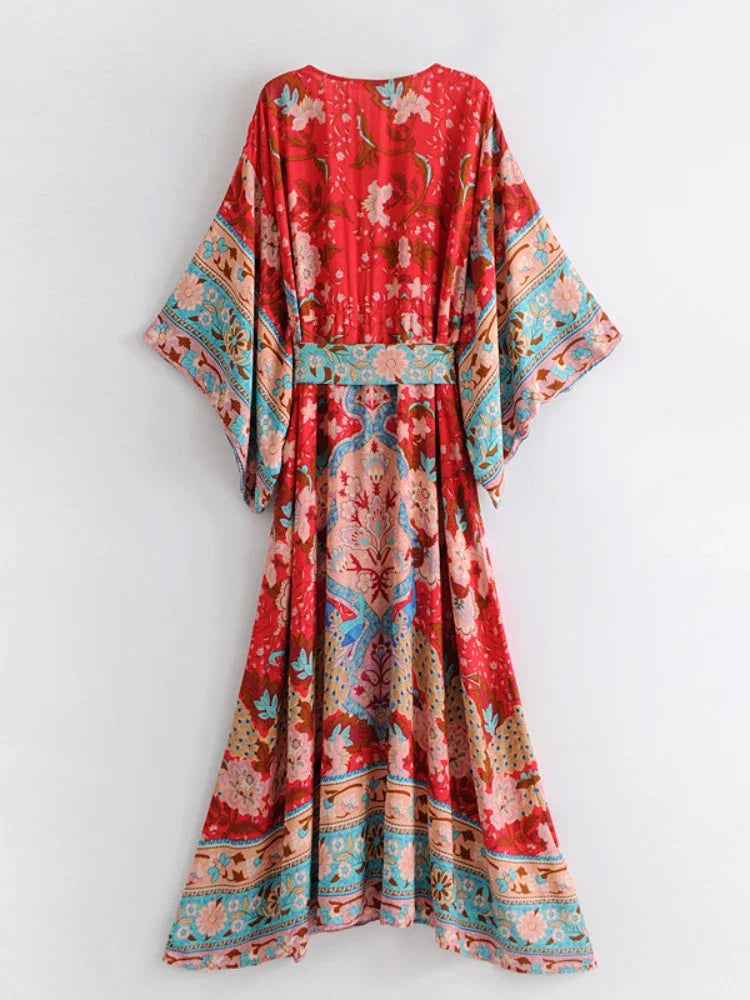 Boho Floral Print Maxi Dress with Batwing Sleeves