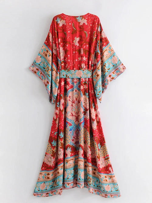Boho Floral Print Maxi Dress with Batwing Sleeves