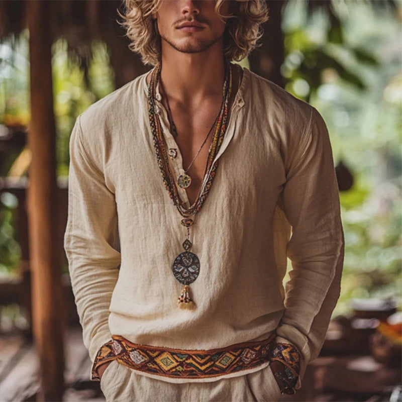 Boho Retro Henley Long Sleeve Shirt | Loose Fit Breathable Beach Top for Men