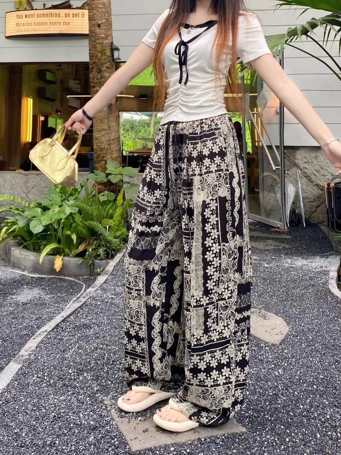 Retro Print Design Palazzo Pants Women's Summer Lightweight Loose Slimming Drapey Plus Size Casual Straight Leg Sports Pants