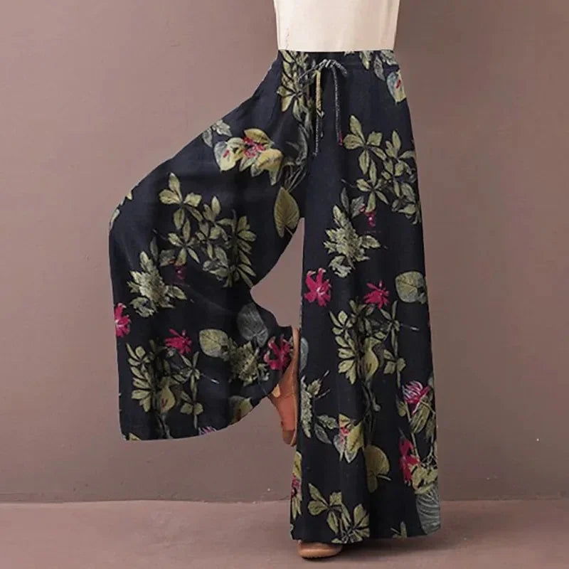Boho Floral Wide Leg Pants Women Casual High Waist Drawstring Loose Palazzo Trousers Summer Beach Rayon Flowy Bottoms with Pocke