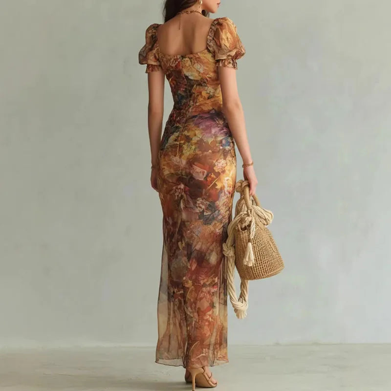 Floral Ruched Split Maxi Dress | Square Neck Puff Sleeve Boho