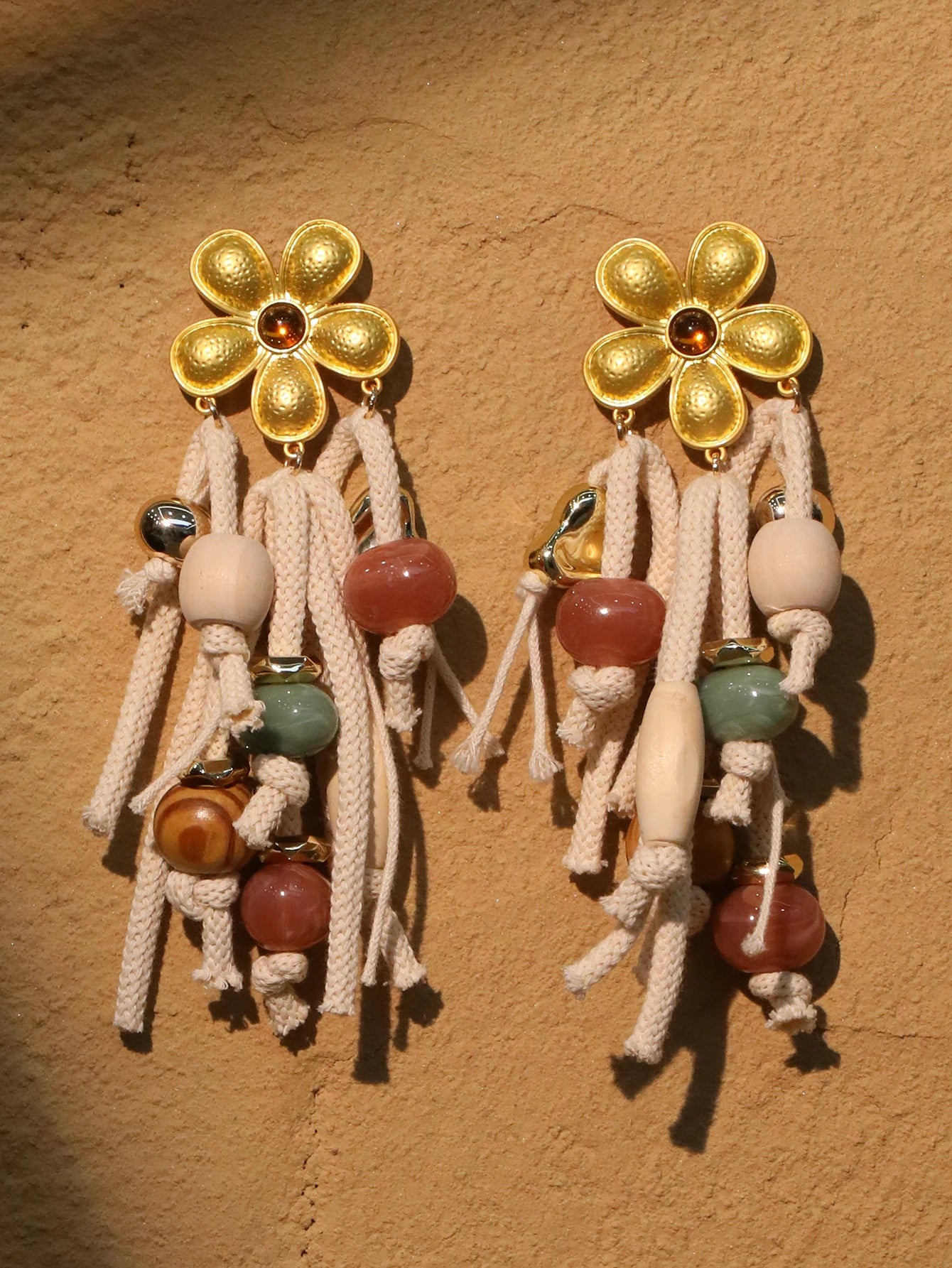 Boho Flower & Rope Dangle Earrings – Handmade Statement Jewelry