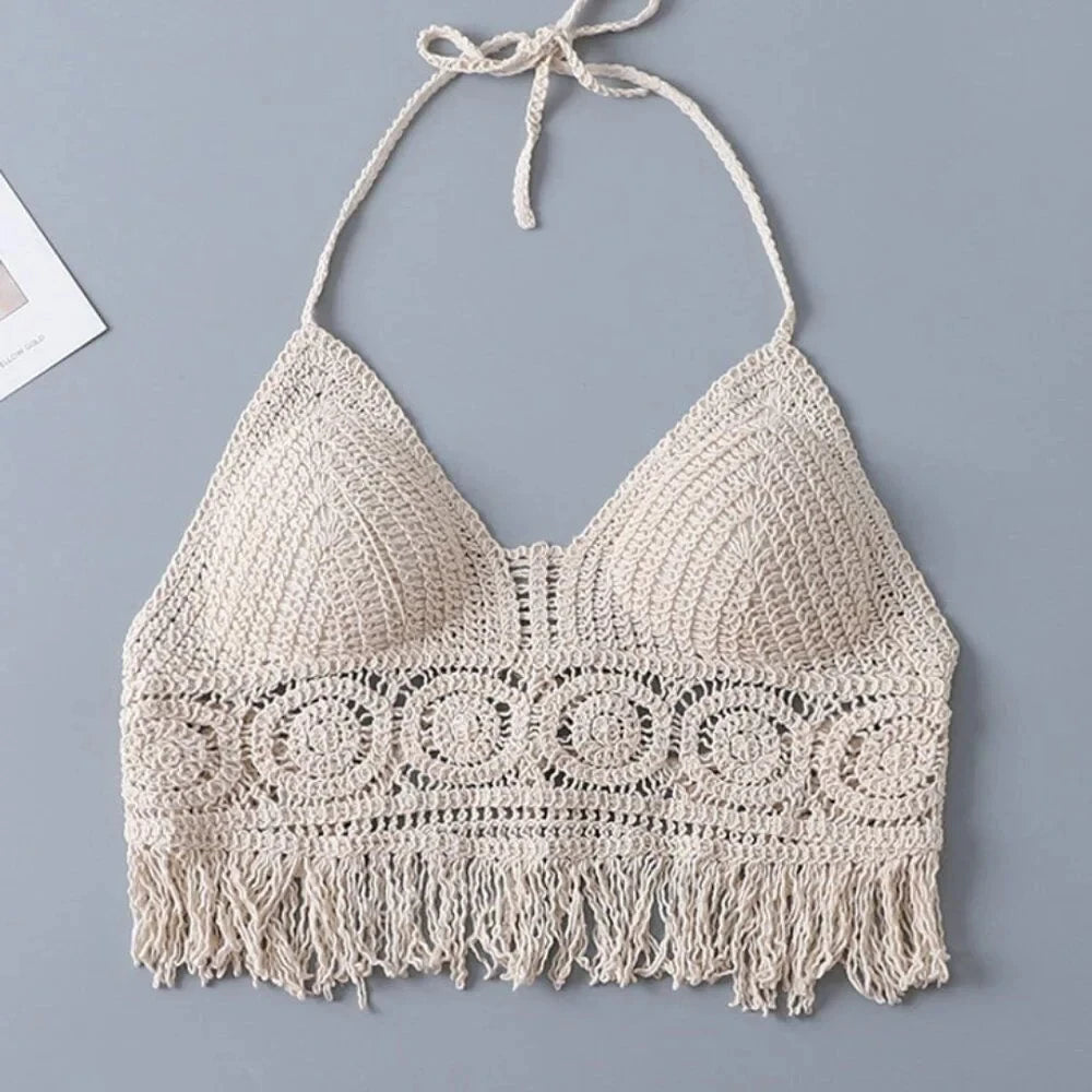 Boho Crochet Halter Bralette Top | Knit Crop Top with Tassel Fringe