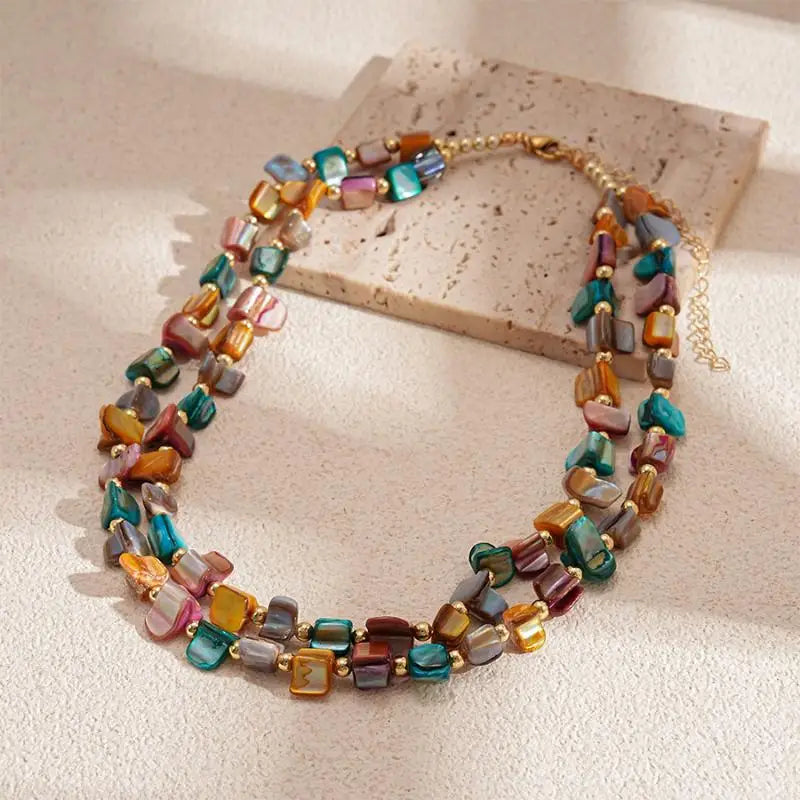 Boho Double-Layer Shell & Irregular Bead Long Necklace – Vintage Summer Jewelry