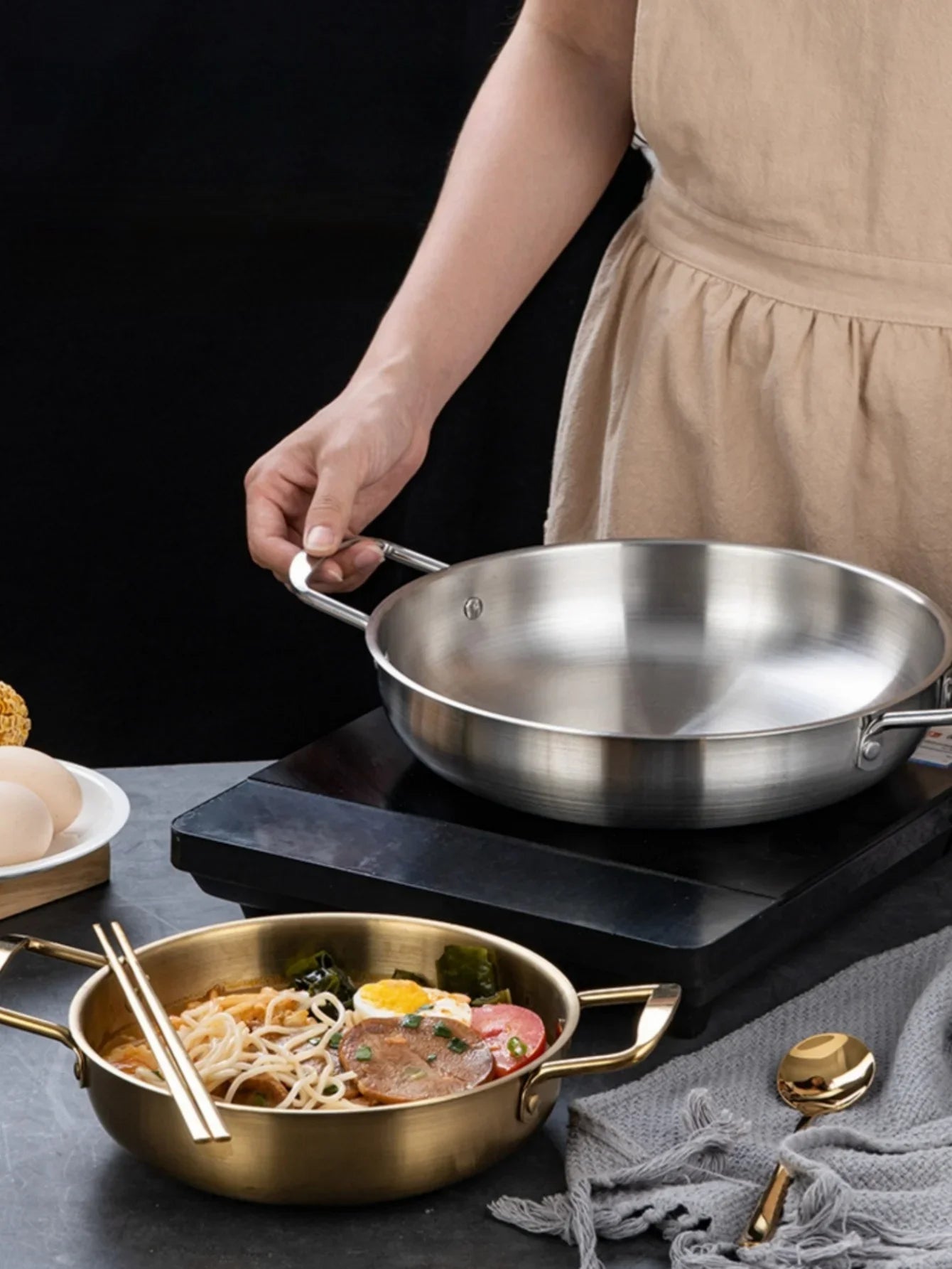 Stainless Steel Cookware Set - Multi-Purpose Saucepan, Paella & Skillet for Home Cooking, Picnic & Seafood