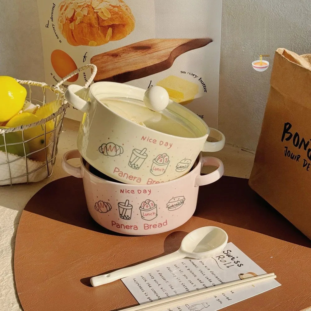 Kawaii Ceramic Ramen Bowl Set | Japanese-Style Bowl with Spoon & Chopsticks