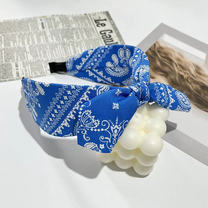 Boho Bow Print Wide Headband – Vintage Silk Cross-Knot Hair Hoop