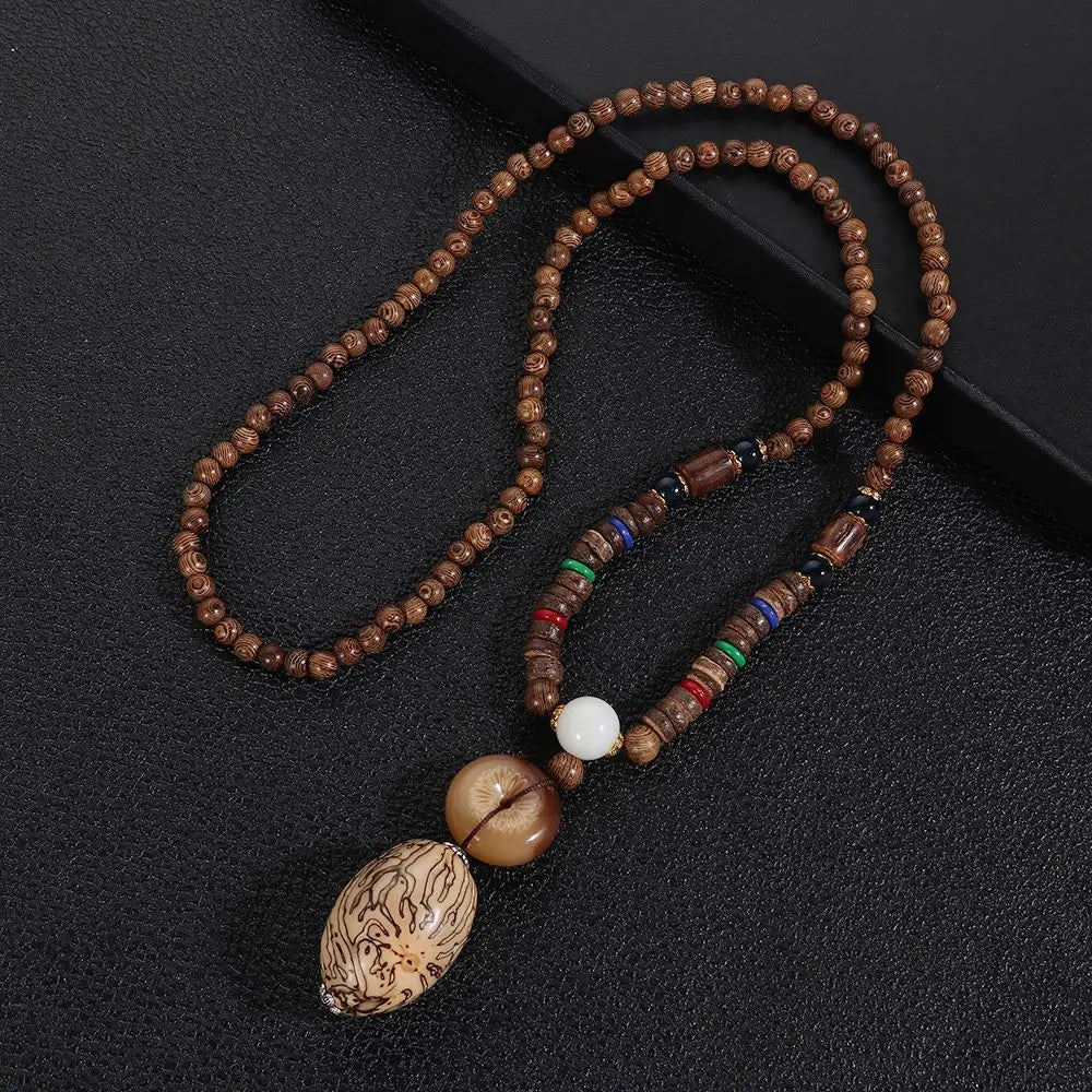 Boho Handmade Nepal Buddhist Mala Wood Bead Long Pendant Necklace – Unisex Ethnic Jewelry