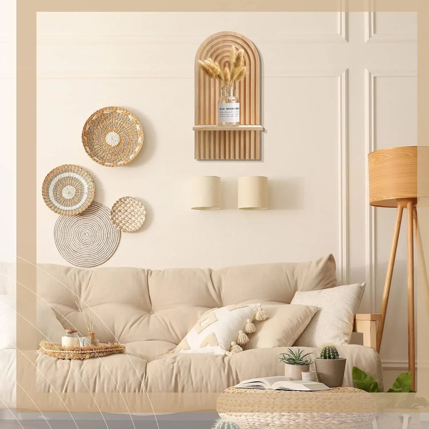 Boho Wooden Floating Wall Shelf – Decorative Wall-Mounted Shelf for Any Room
