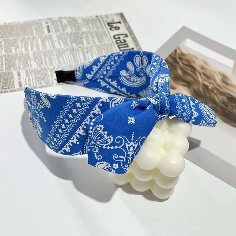 Boho Bow Print Wide Headband – Vintage Silk Cross-Knot Hair Hoop