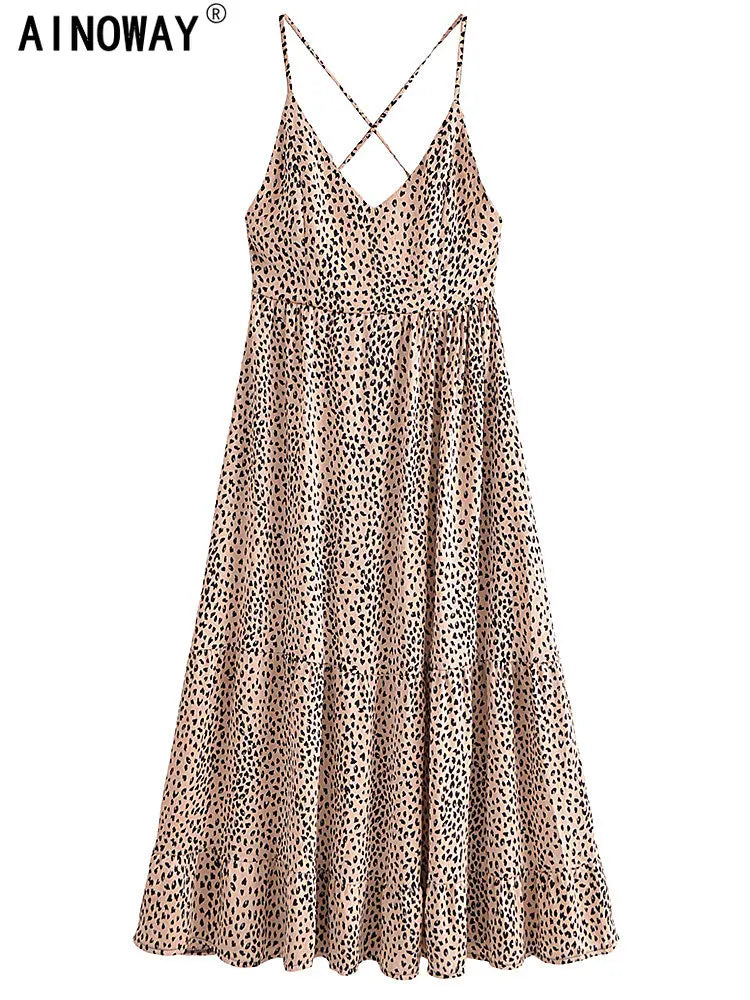 Leopard Print Boho Maxi Dress | Backless Spaghetti Strap