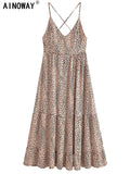 Leopard Print Boho Maxi Dress | Backless Spaghetti Strap